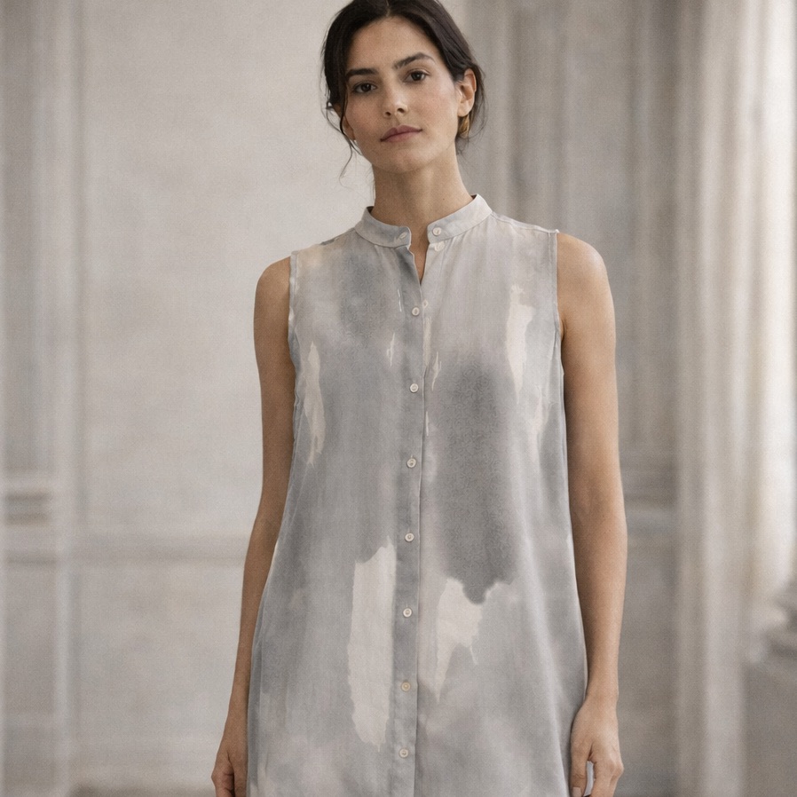 Eileen Fisher Paint Wash Printed Silk Long Shirt Pearl Gray Nwt (Flaw)